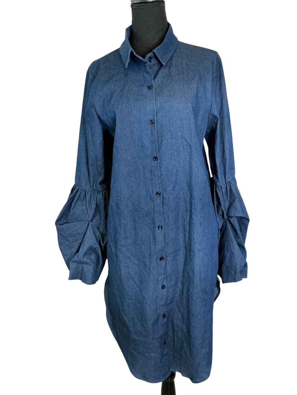 Eien Women's 1XL Blue Button-Up Shirt Dress with Balloon Cuf